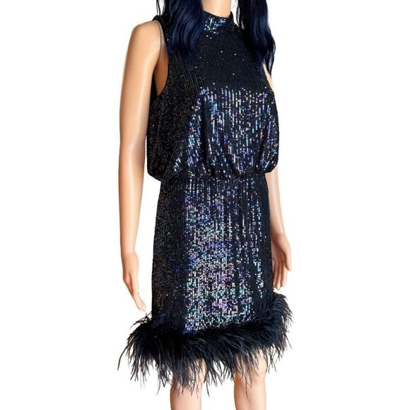 NWT Eliza J Black Feather Trim Sequin Blouson Mini Dress - Picture 5 of 8